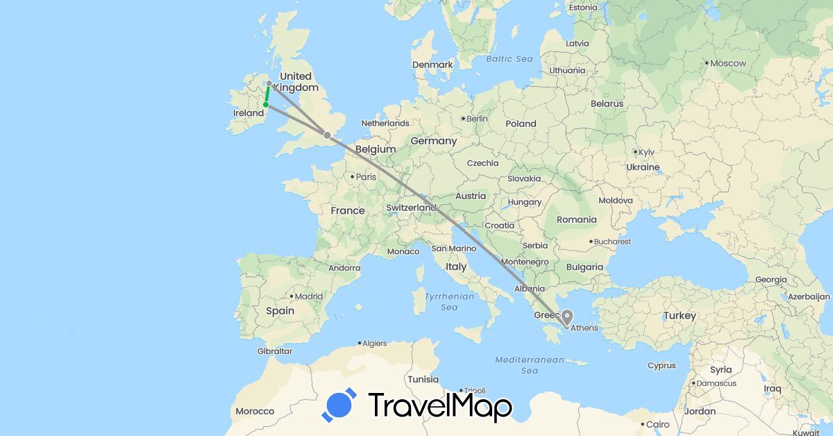 TravelMap itinerary: bus, plane in United Kingdom, Greece, Ireland (Europe)